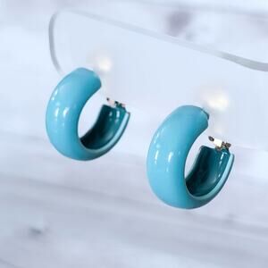 Vintage Clip On Earrings Light Blue Retro Chunky Hoops 0.75"
